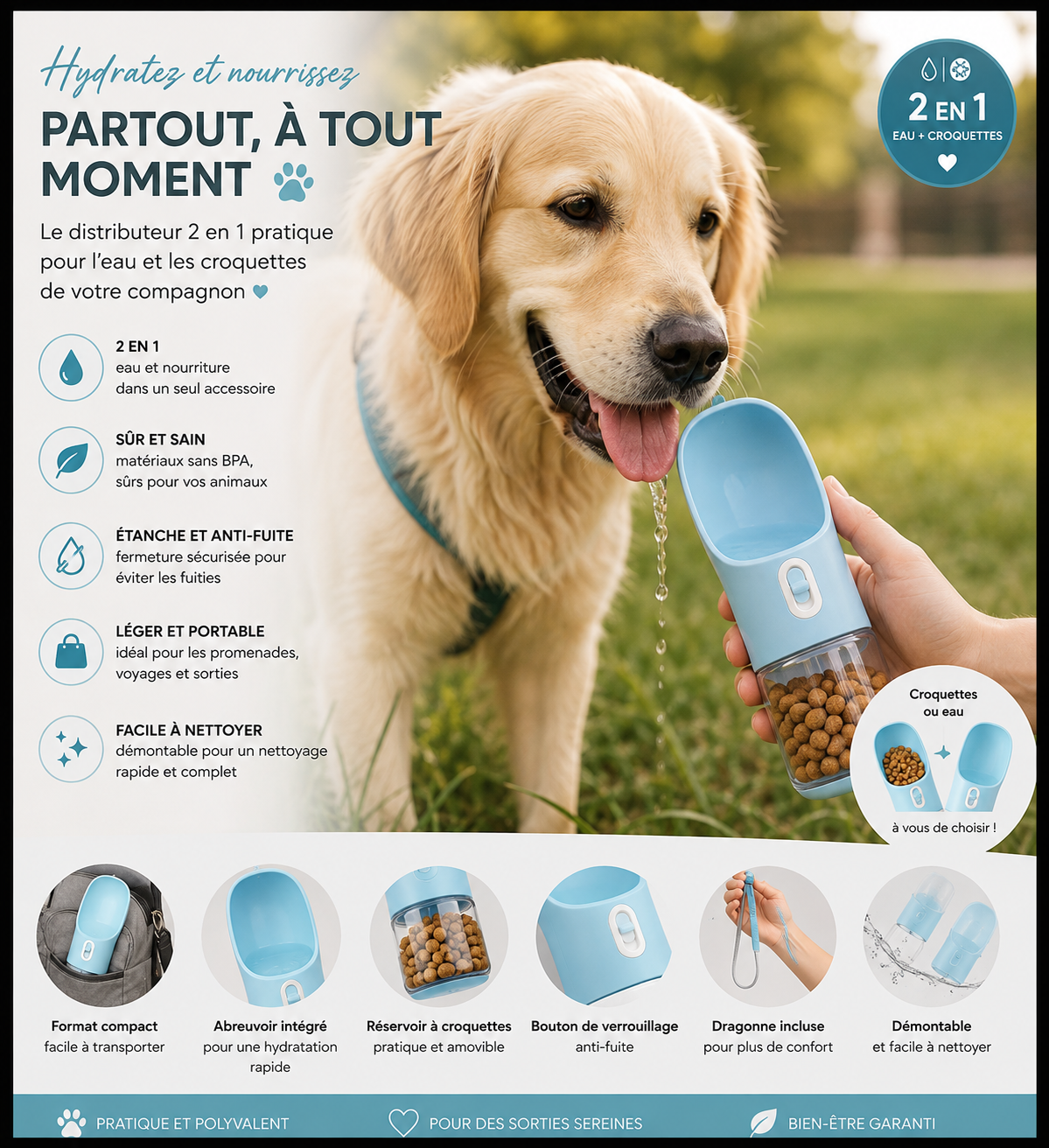 Distributeur portable 2 en 1 pour chien et chat – Nourriture et eau, sans BPA, étanche, 4 coloris