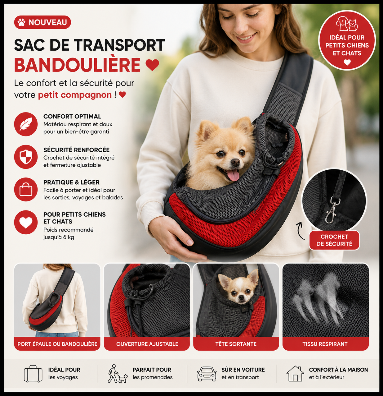 Sac de transport bandoulière pour petit chien et chat – Tissu respirant, fond rembourré, jusqu'à 5 kg