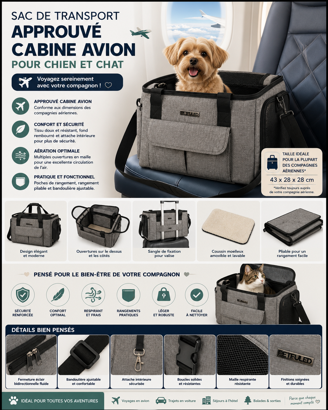 Sac de transport cabine avion pour chien et chat – Gamelles rétractables intégrées, respirant