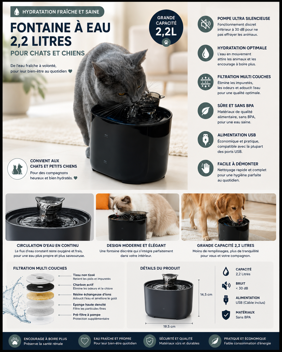 USB-Wasserbrunnen 2,2L für Katzen und Hunde - Schwarz