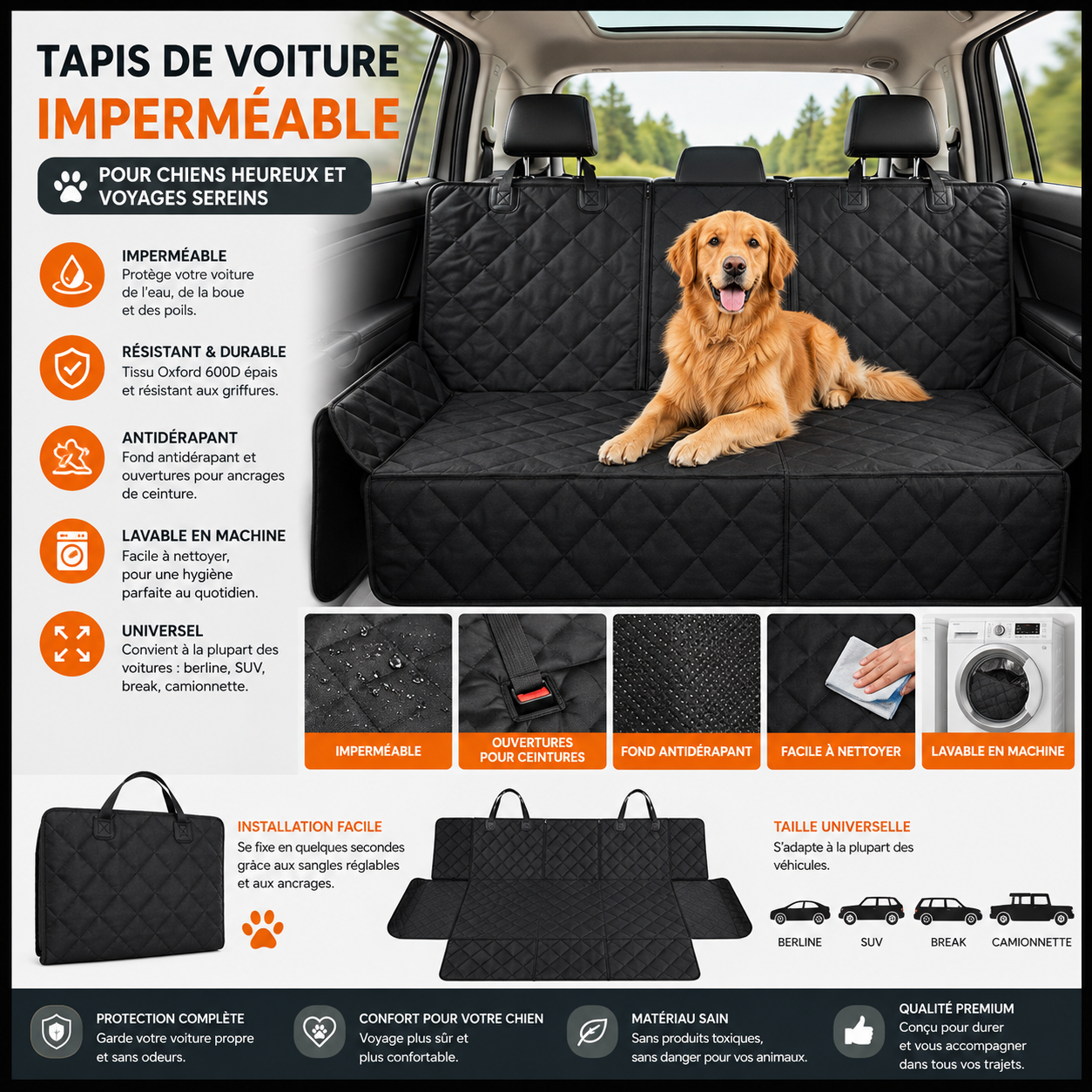 Tapis de voiture impérméable pour chien – Oxford antidérapant, lavable en machine, universel banquette arrière