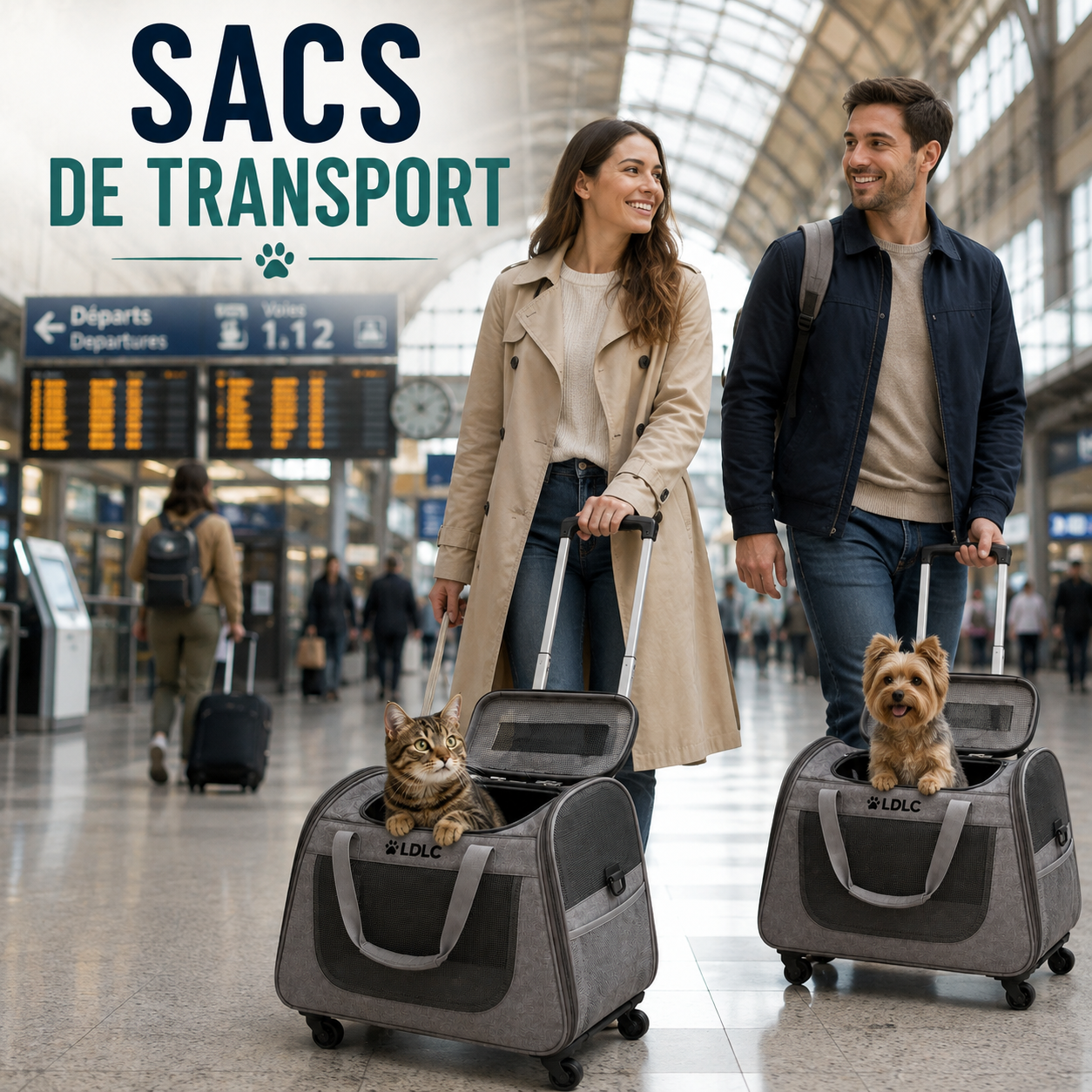Sac de transport à roulettes pour chat et petit chien – Trolley polyester 52 x 28 x 35 cm gris