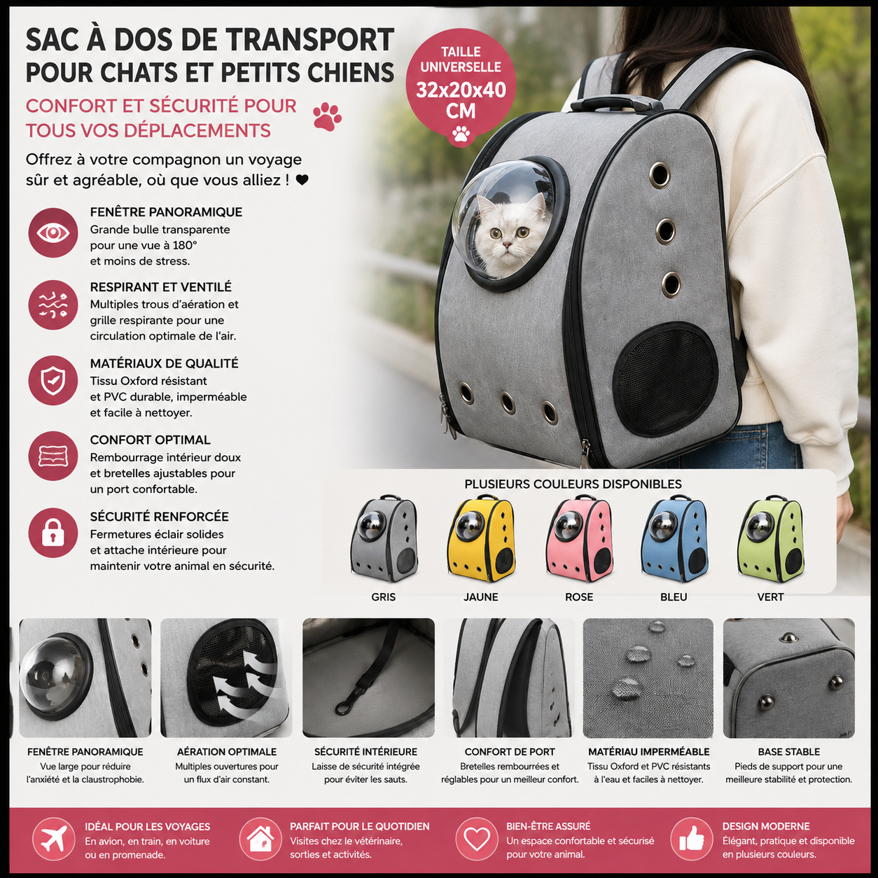 Sac à dos de transport pour chat et chien – Fenêtre panoramique, Oxford PVC, 32 x 20 x 40 cm