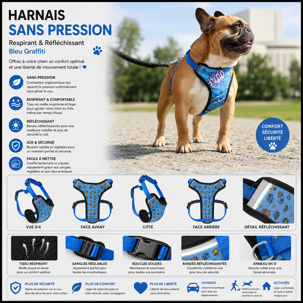 Harnais sans pression pour chien – Respirant & réfléchissant | Bleu graffiti