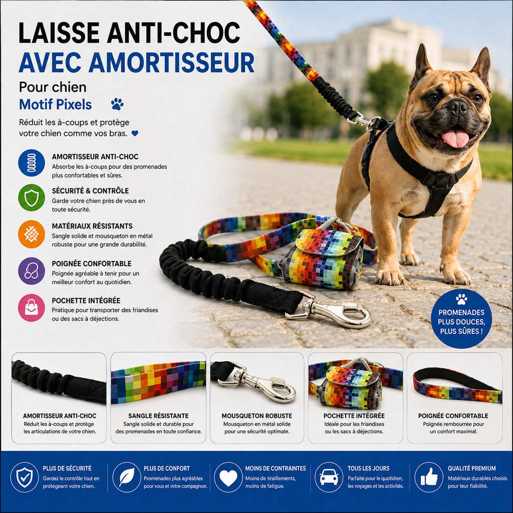 Laisse Anti-Choc avec Amortisseur pour chien – Motif Pixels