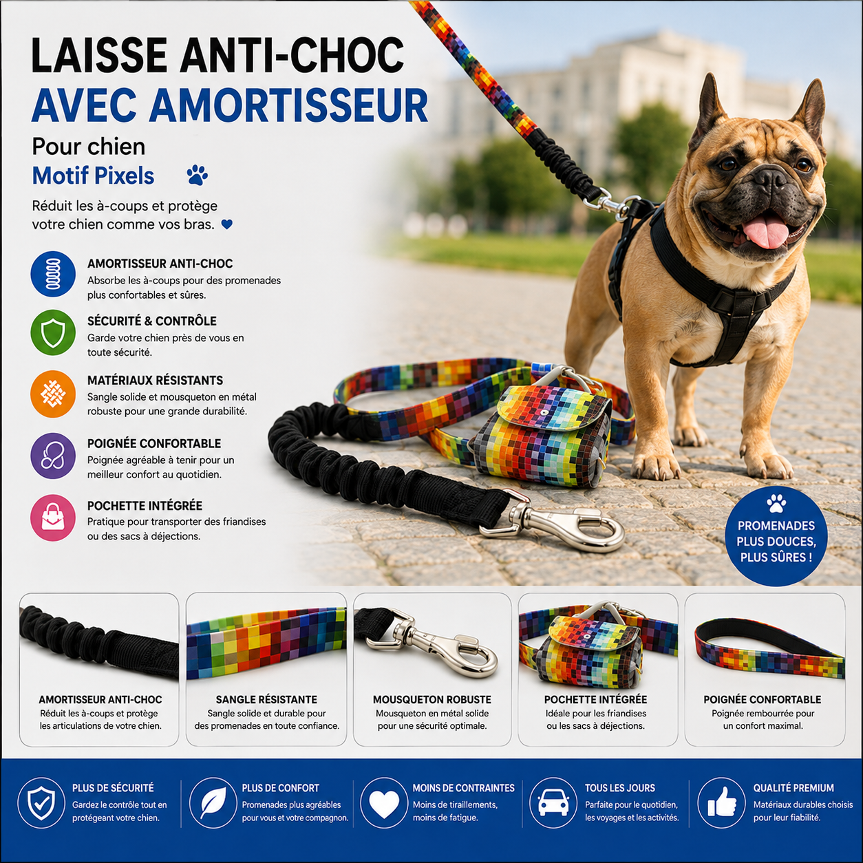 Laisse Anti-Choc avec Amortisseur pour chien – Motif Pixels