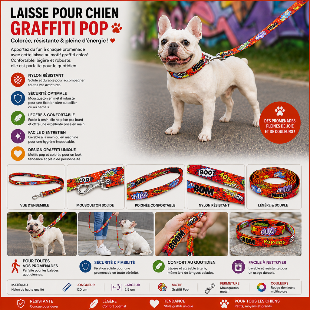Laisse pour chien – Motif Red Graffiti | Mousquetons polonais
