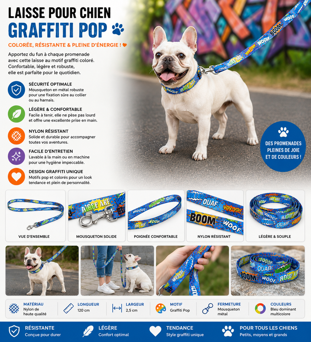 Laisse pour Chien – Motif Bleu Graffiti | Mousquetons Polonais