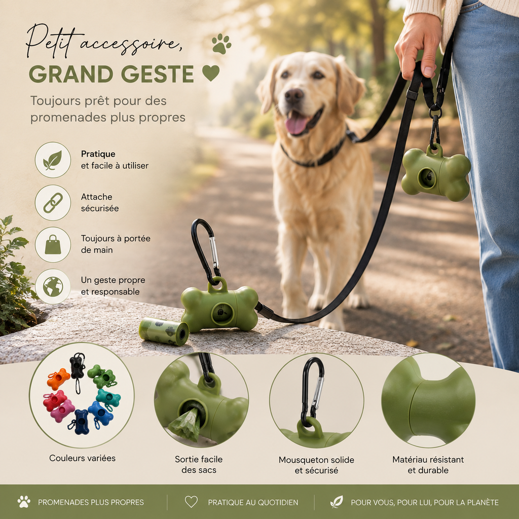 Distributeur de sacs ramasse crottes pour chien – Design os, polypropylène, 5 couleurs