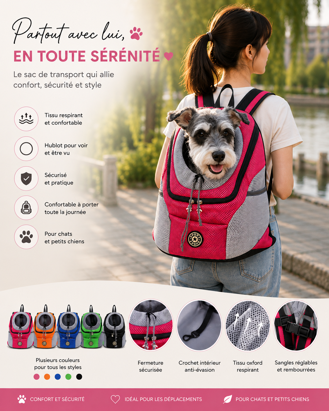 Sac de transport pour chat et chien – Tissu Oxford respirant, hublot, tailles S/M/L, 22 coloris