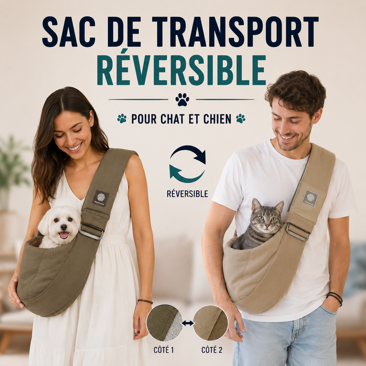 Sac de transport réversible double face pour chat et chien – Léger, ventilé, 7 coloris