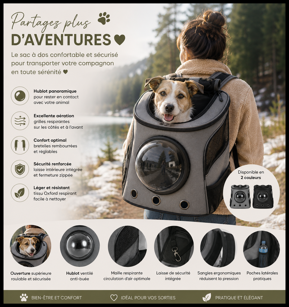 Sac à dos de transport pour chat et chien – Tissu respirant, hublot ventilé, sangles ergonomiques