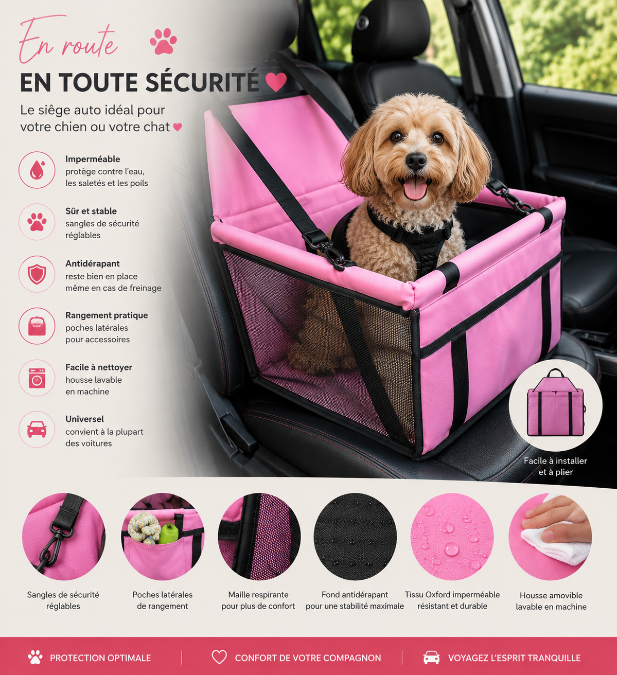 Sac siège auto sécurisé pour chien et chat – 40 x 32 x 24 cm, fond stable, imperméable, universel