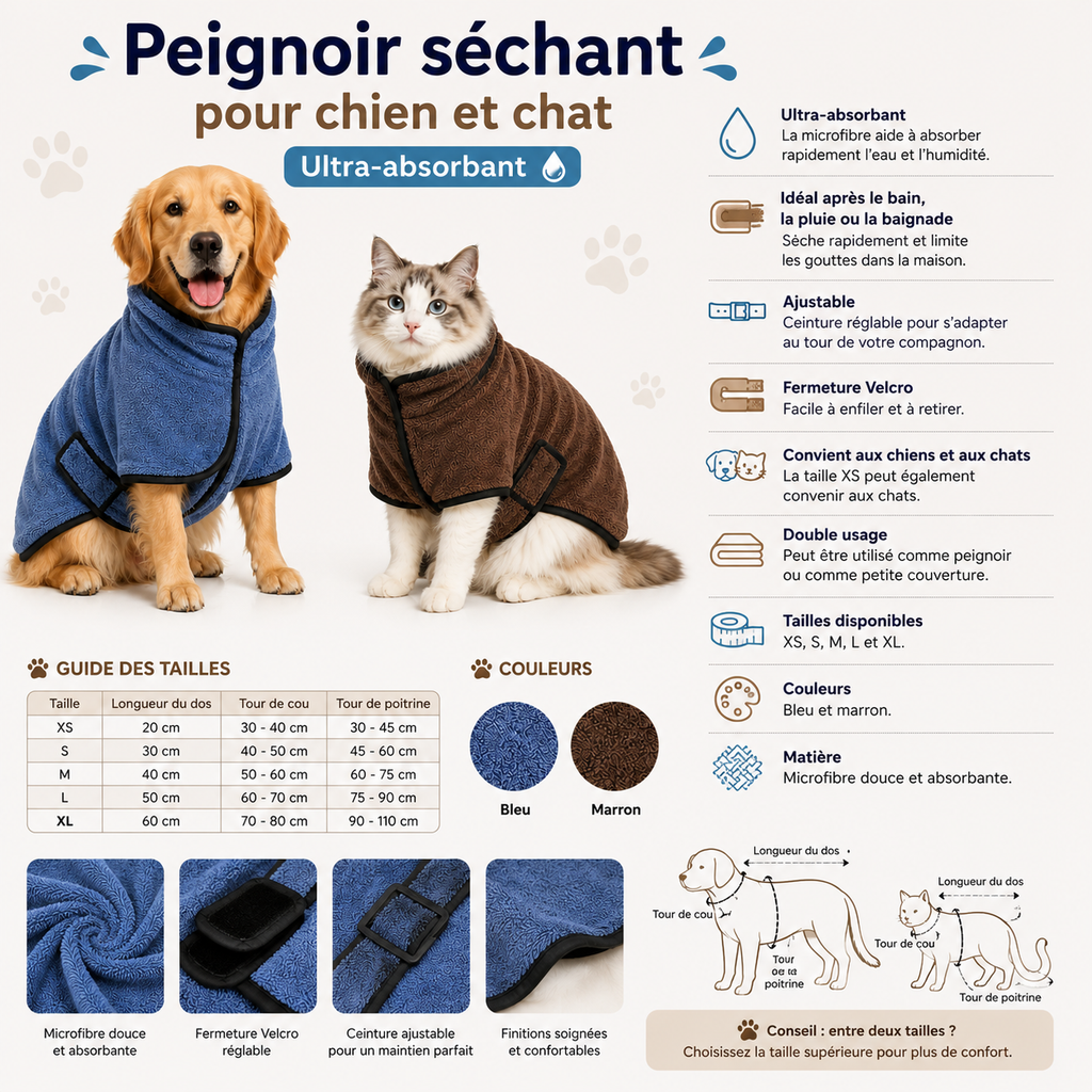 Peignoir séchant pour chien et chat – Ultra absorbant