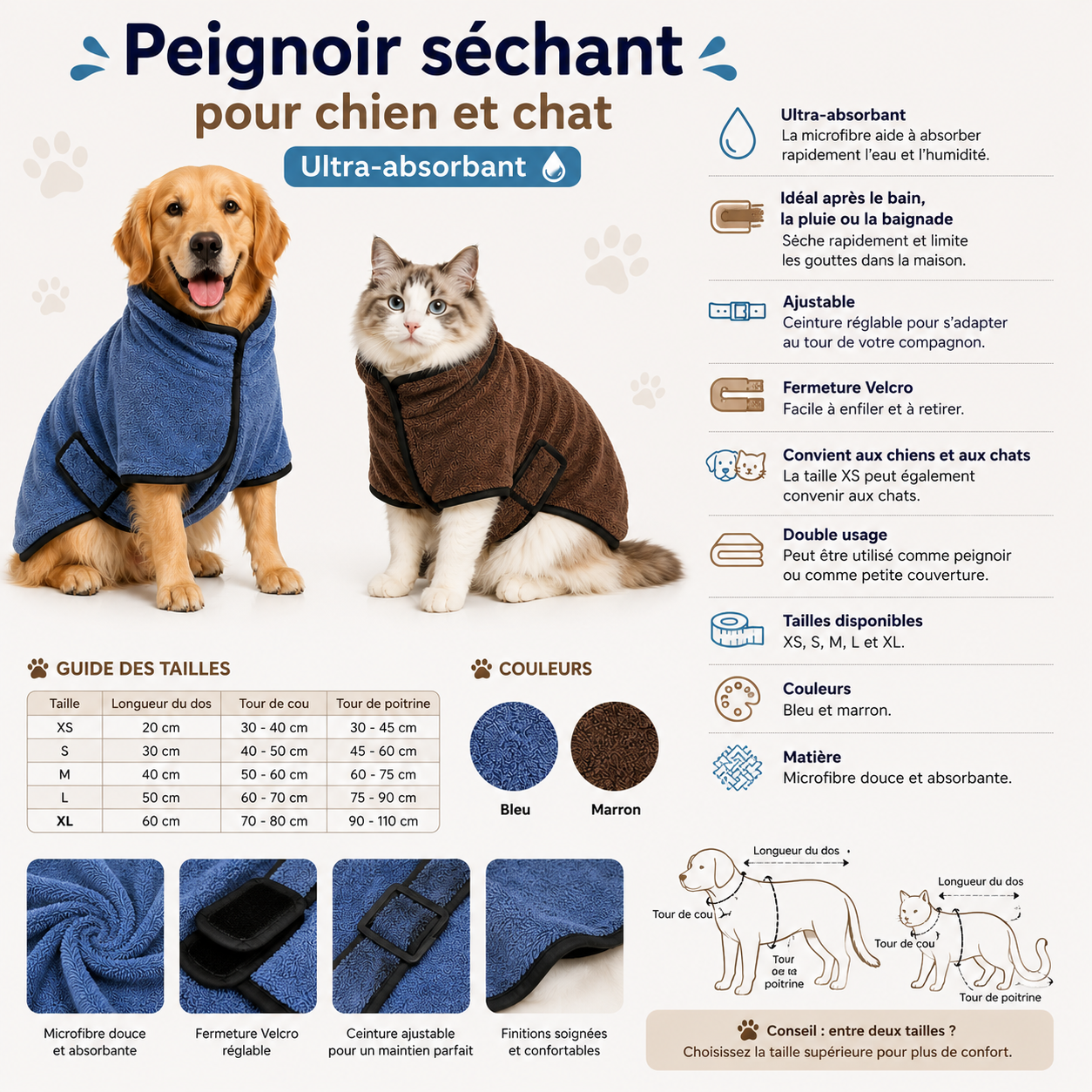 Peignoir séchant pour chien et chat – Ultra absorbant