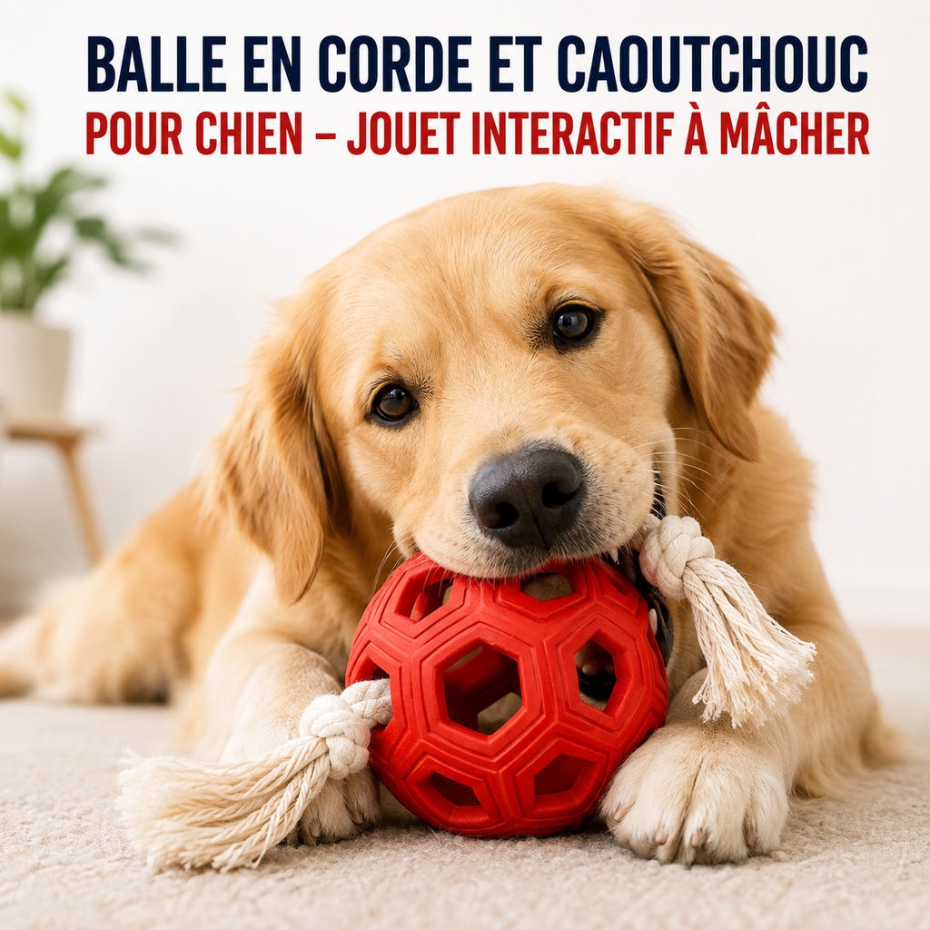 Balle en corde et caoutchouc pour chien – Jouet à mâcher interactif