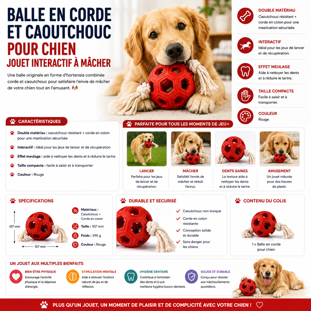 Balle en corde et caoutchouc pour chien – Jouet à mâcher interactif