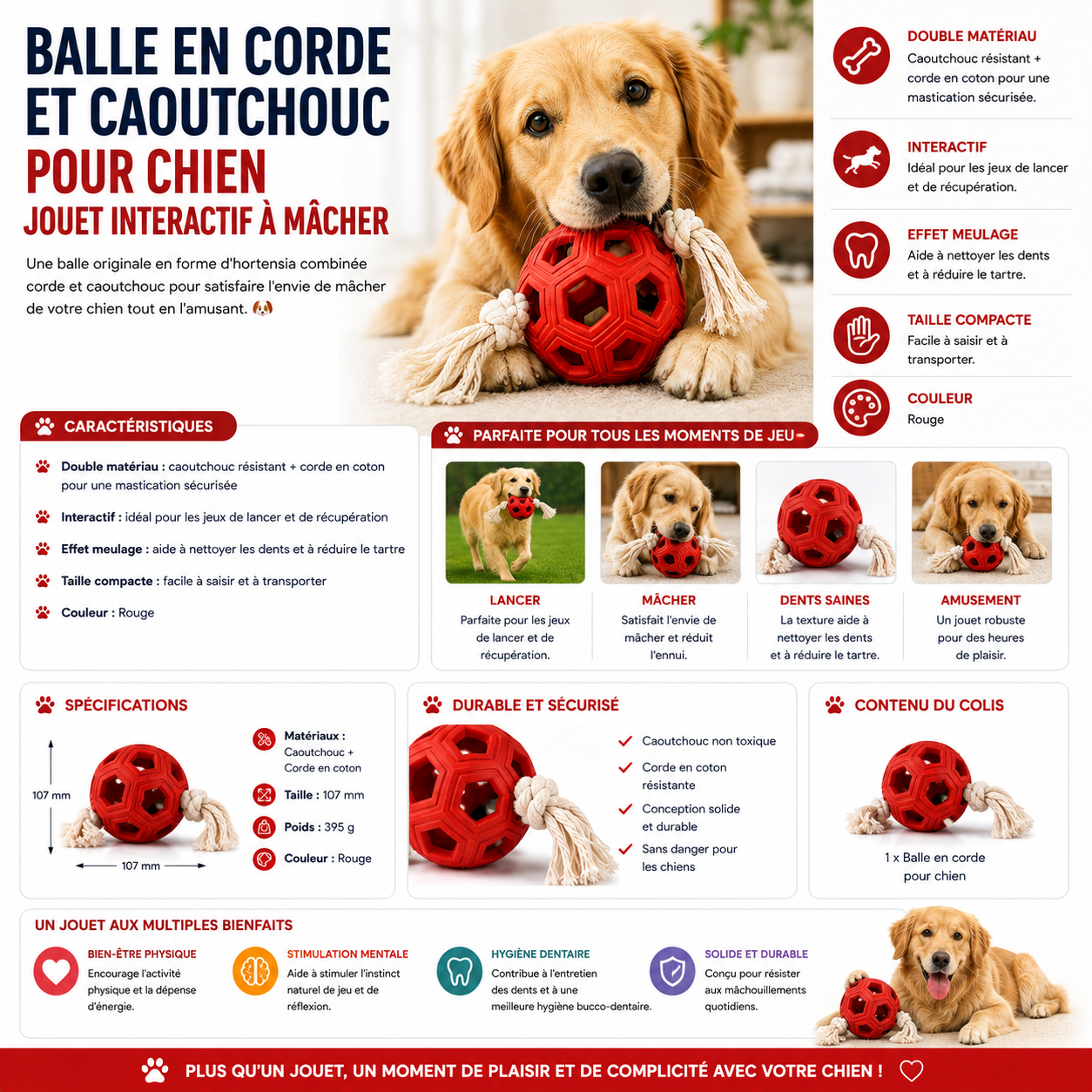 Balle en corde et caoutchouc pour chien – Jouet à mâcher interactif