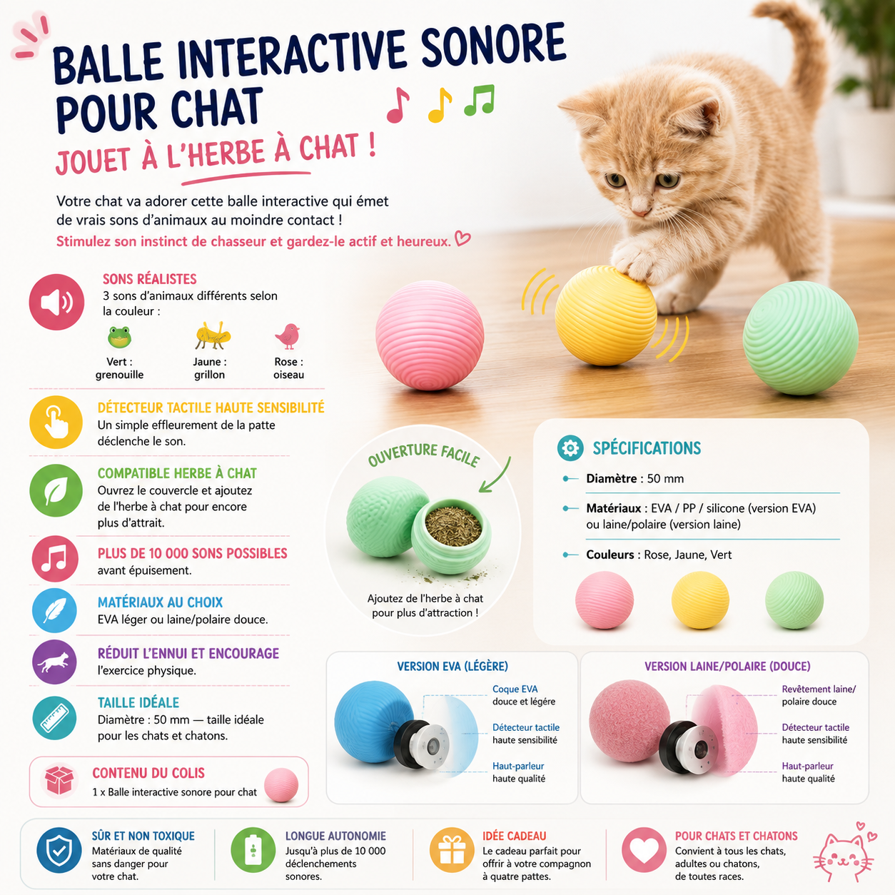 Balle interactive sonore pour chat – Jouet à l’herbe à chat, 50 mm