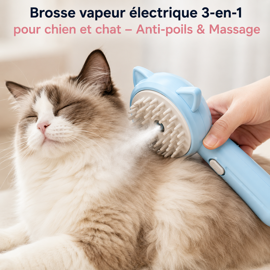 Brosse vapeur électrique 3-en-1 pour chien et chat – Anti poils & Massage