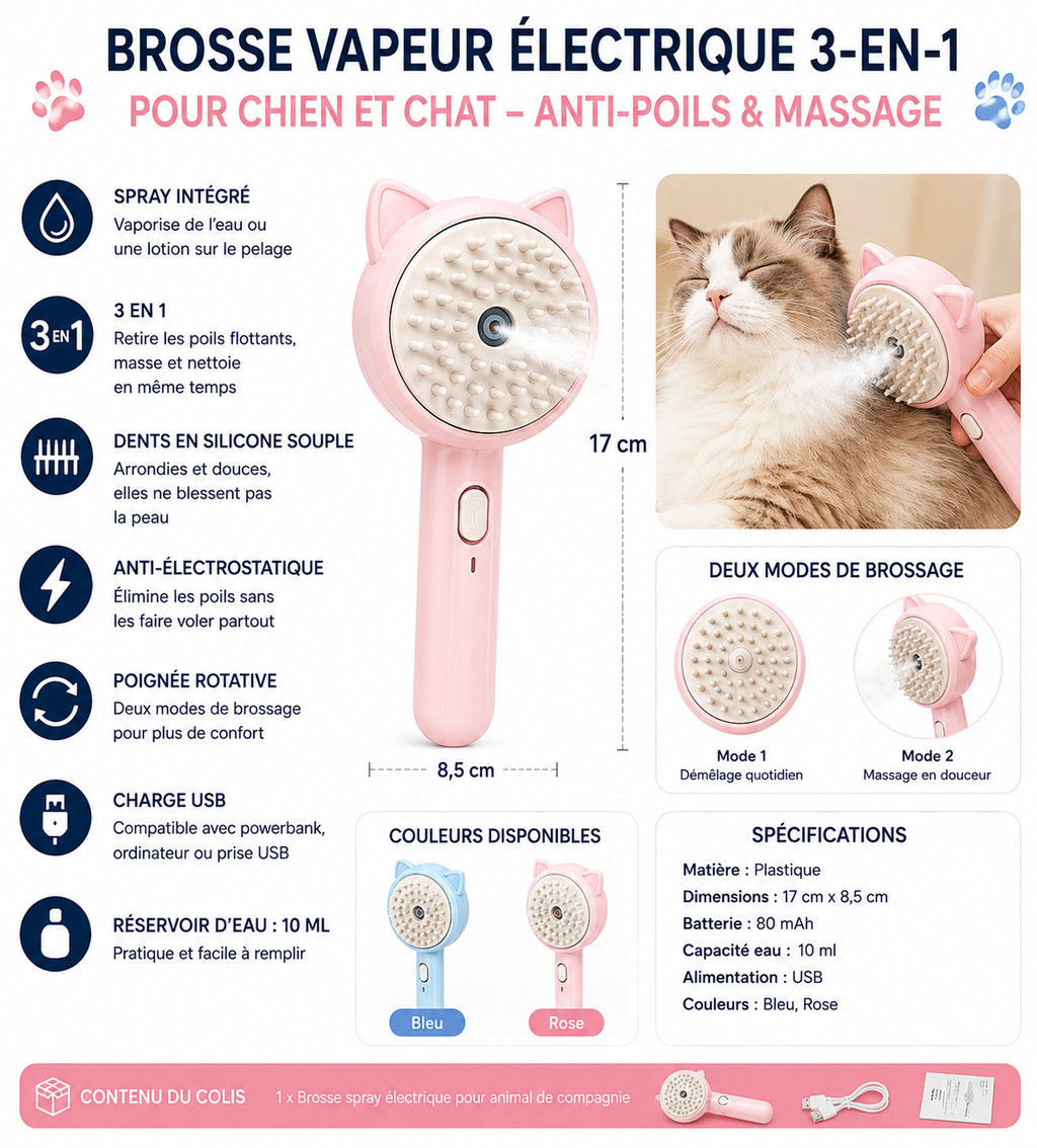 Brosse vapeur électrique 3-en-1 pour chien et chat – Anti poils & Massage
