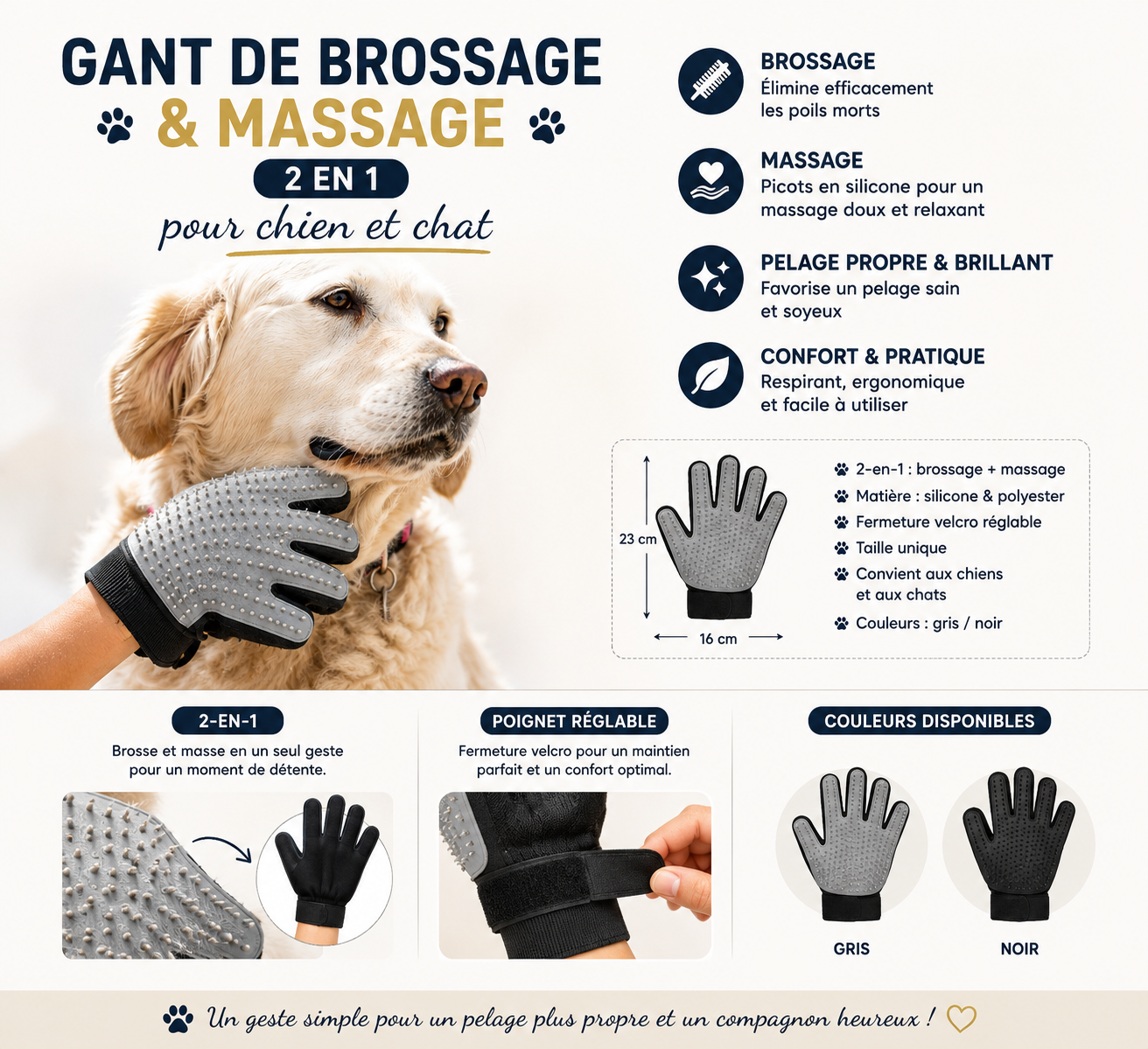 Gant de Brossage & Massage 2-en-1 pour Chien et Chat
