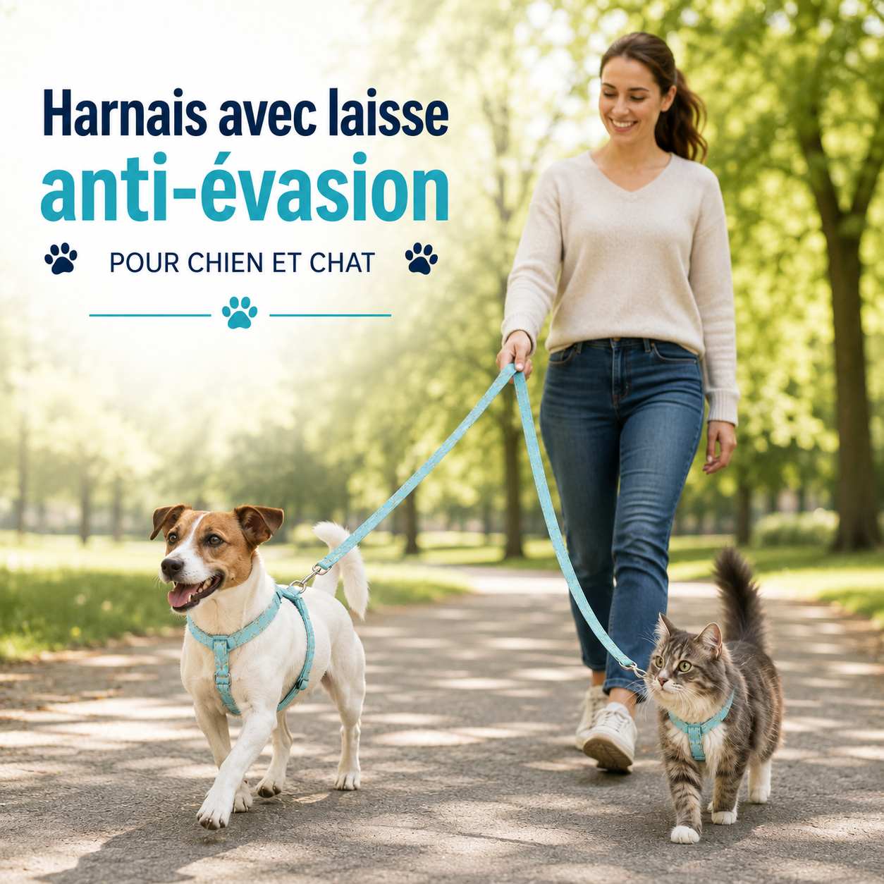 Harnais avec laisse anti-évasion pour chien et chat – Polyester, tailles S/M