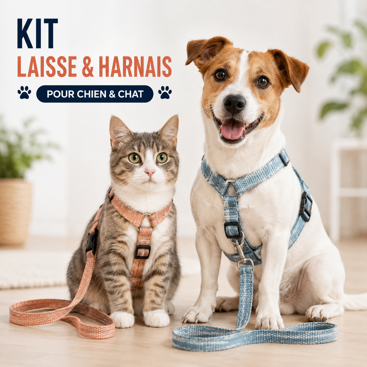 Kit laisse et harnais en lin et nylon pour chien et chat – Tailles S/M/L/XL, 8 coloris