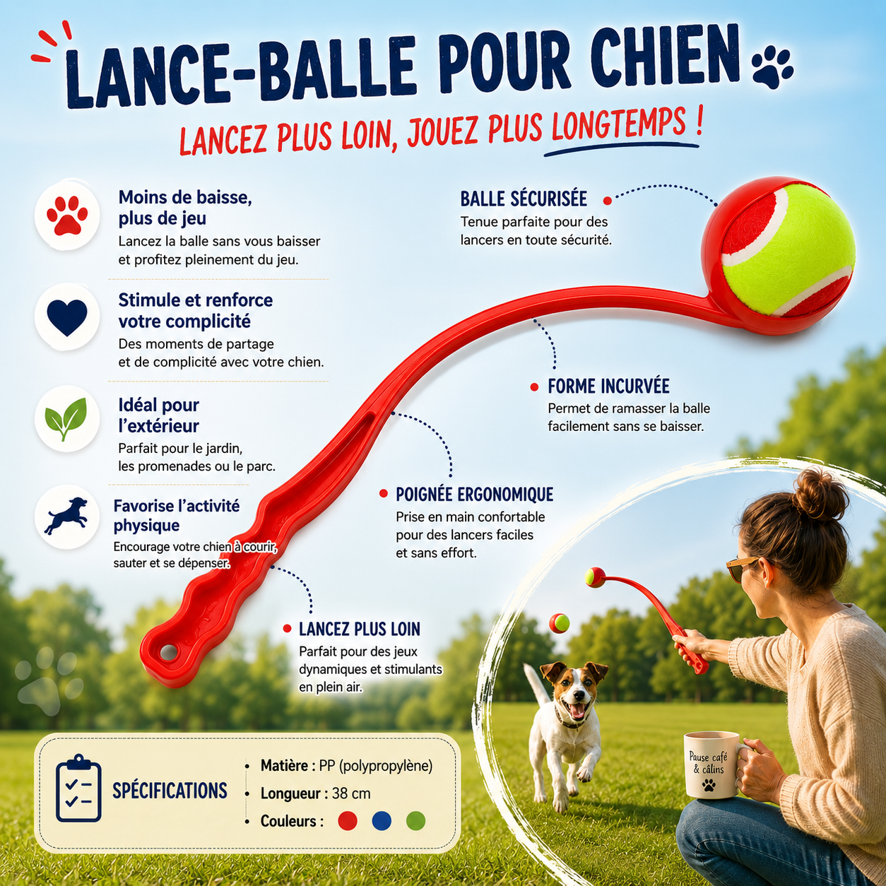Lance-balle pour chien – Jouet interactif d'extérieur, 38 cm