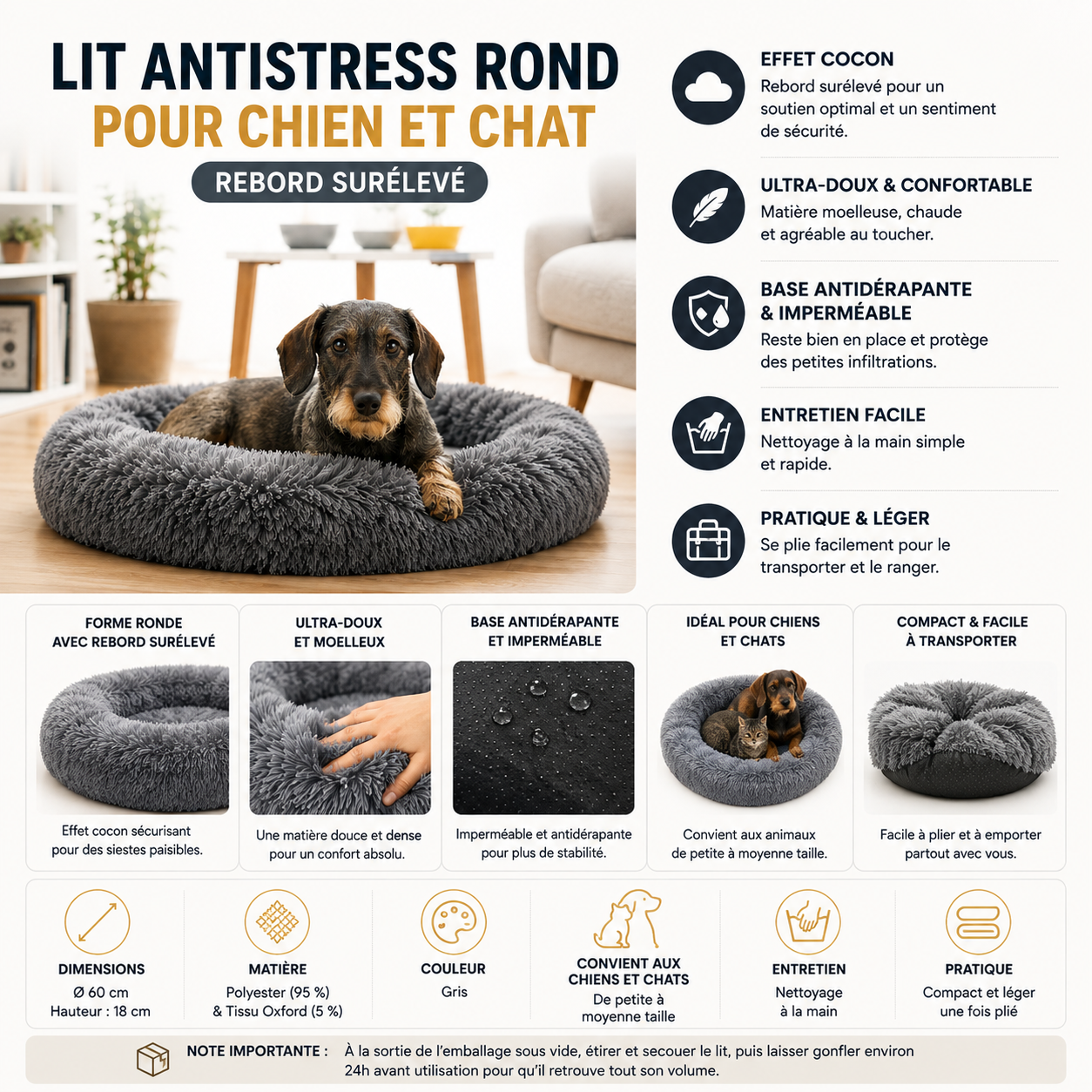 Lit Antistress Rond pour Chien et Chat – Rebord surelévé & Base Antidérapante