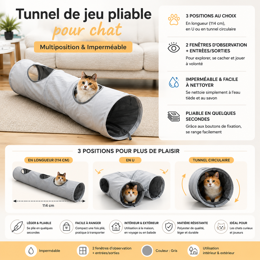 Tunnel de jeu pliable pour chat – Multi position & imperméable